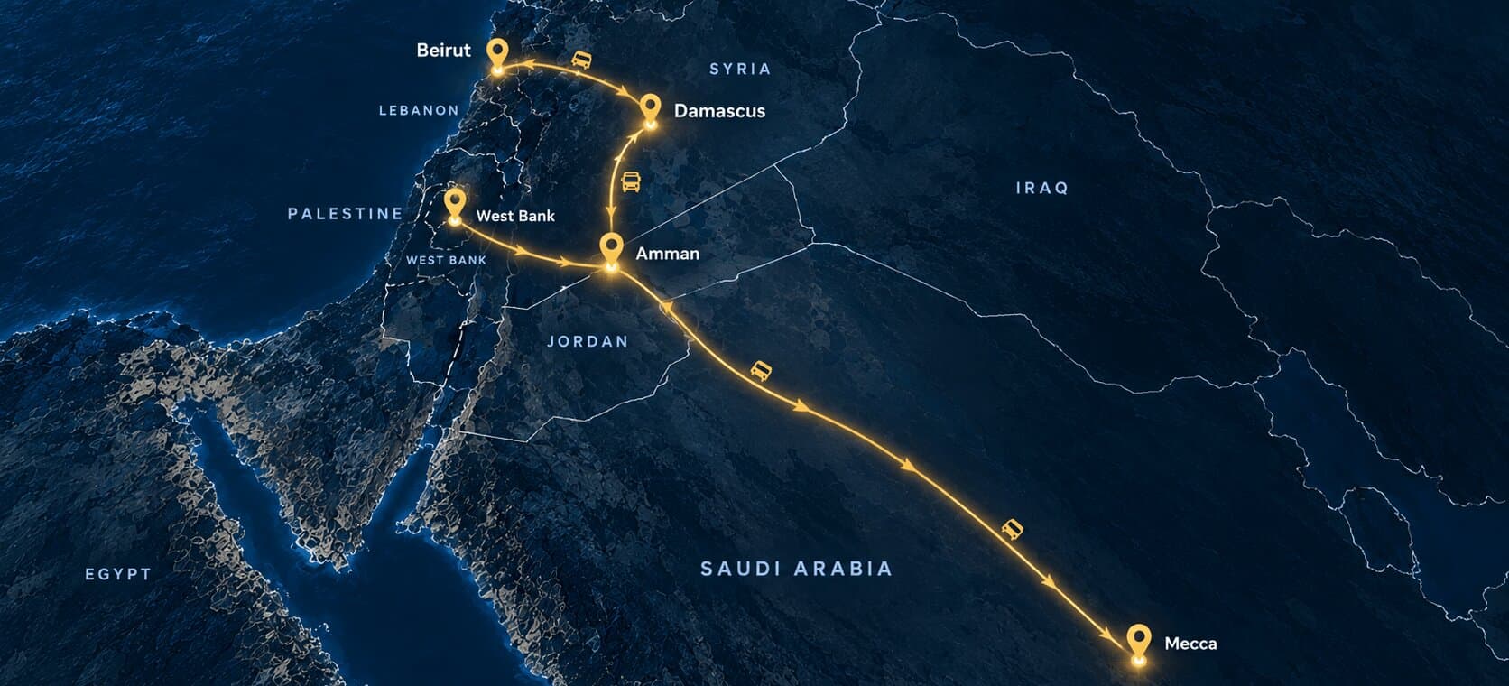 خريطة مسارات النقل الدولي بين الأردن والسعودية وسوريا ولبنان والضفة الغربية